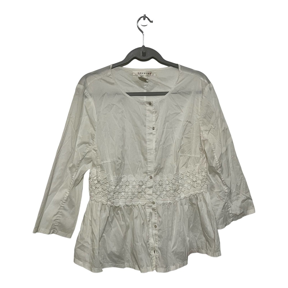 Studio M White Cotton 3/4 sleeve summer white with lace blouse  size Medium